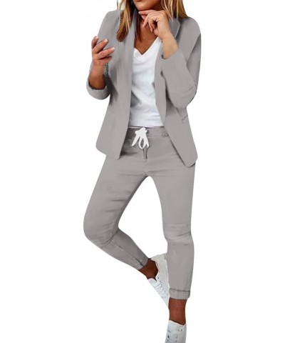 Elegant Sets for Women Casual Solid Open Front Blazer and Drawstring Pants Suits Set Business Dressy 2 Piece Outfit B02-gray ...