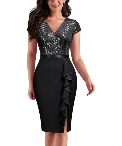 Women's Sequin Glitter V Neck Contrast Ruffle Slit Evening Party Night Out Cocktail Dress Black $23.04 Dresses