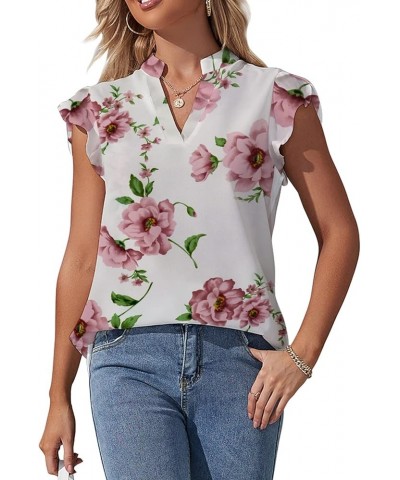 Women 2023 Spring Summer Short Tulip Sleeves V Neck Dressy Work Business Casual Chiffon Blouses Top White Floral $13.95 Blouses