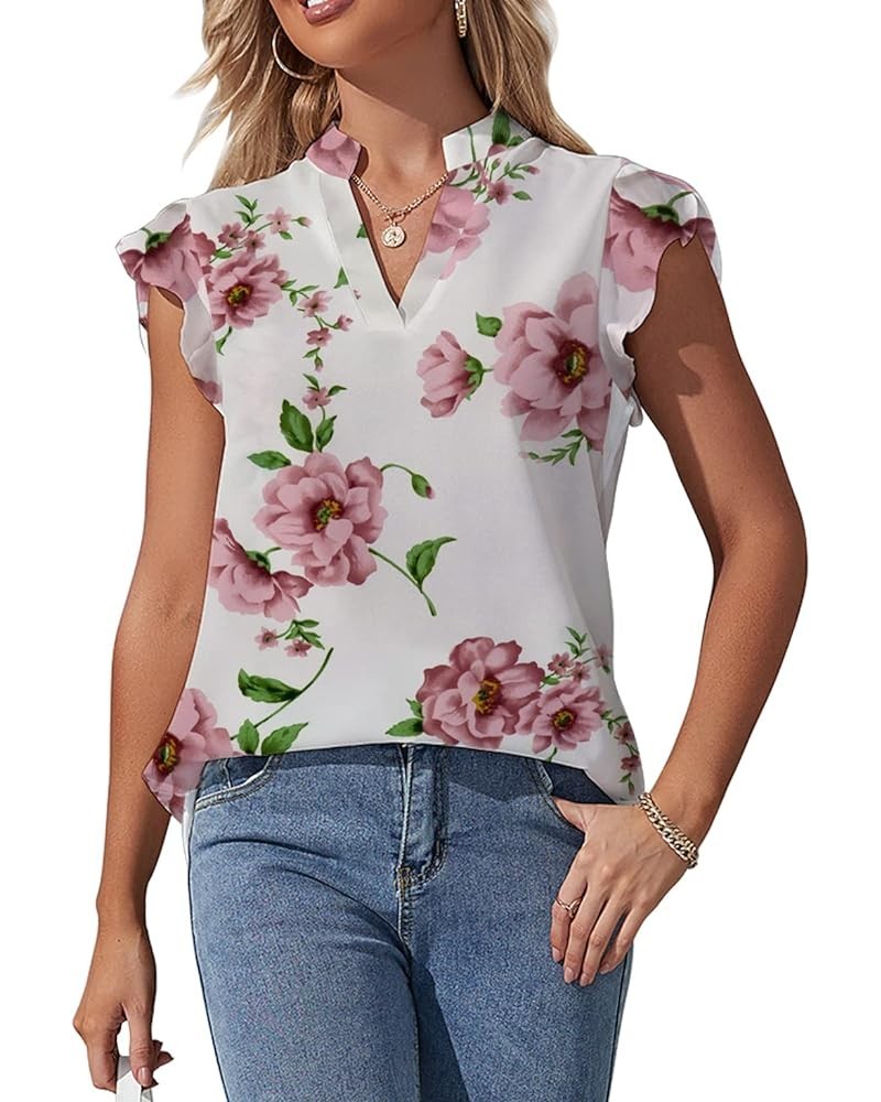 Women 2023 Spring Summer Short Tulip Sleeves V Neck Dressy Work Business Casual Chiffon Blouses Top White Floral $13.95 Blouses