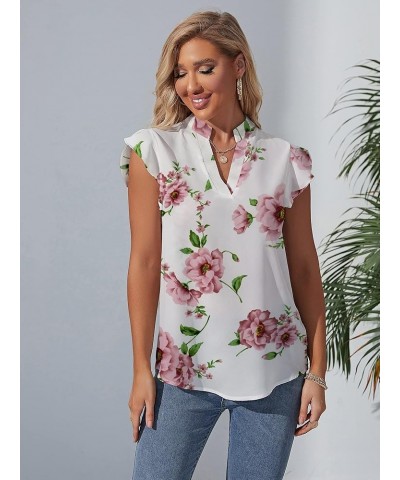 Women 2023 Spring Summer Short Tulip Sleeves V Neck Dressy Work Business Casual Chiffon Blouses Top White Floral $13.95 Blouses