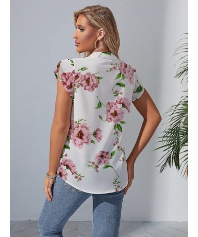 Women 2023 Spring Summer Short Tulip Sleeves V Neck Dressy Work Business Casual Chiffon Blouses Top White Floral $13.95 Blouses