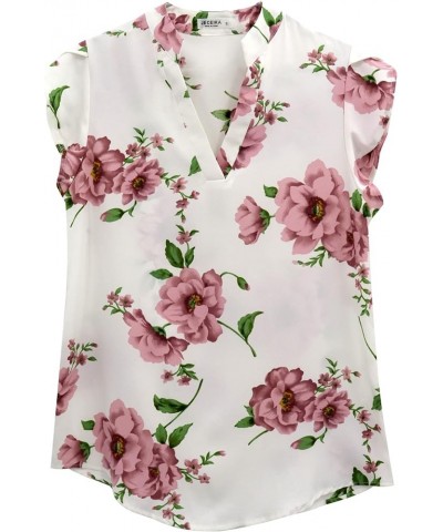 Women 2023 Spring Summer Short Tulip Sleeves V Neck Dressy Work Business Casual Chiffon Blouses Top White Floral $13.95 Blouses