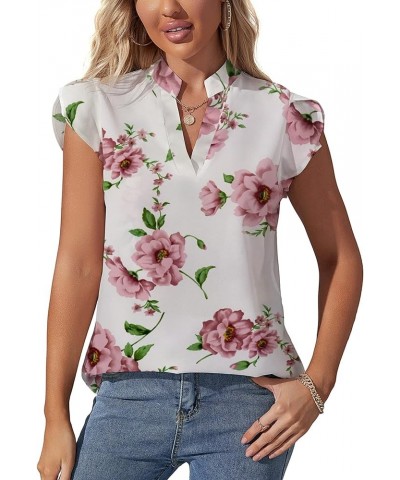 Women 2023 Spring Summer Short Tulip Sleeves V Neck Dressy Work Business Casual Chiffon Blouses Top White Floral $13.95 Blouses