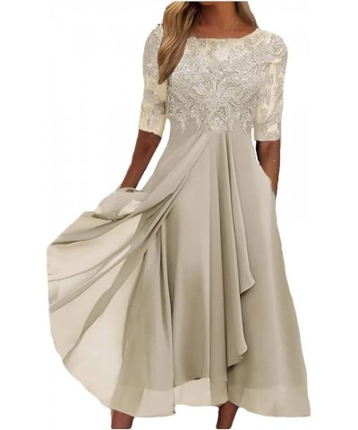 Womens Lace Applique Patchwork Chiffon Dress Elegant V-Neck Irregular Hem Swing Bridesmaid Evening Party Dresses 01beige $17....