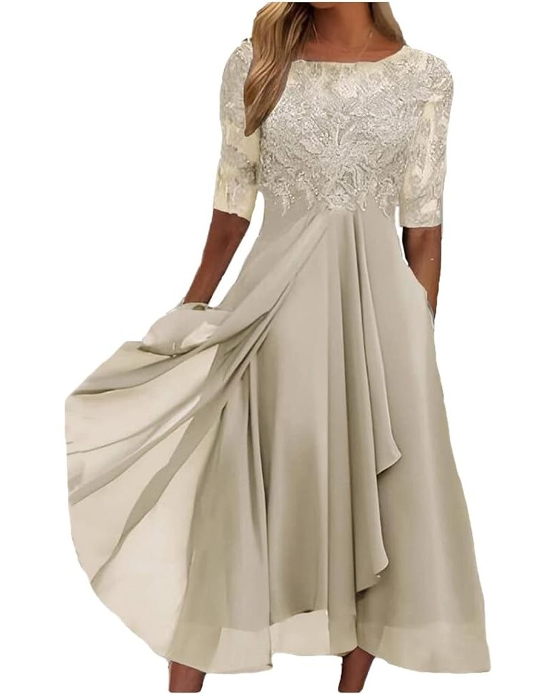 Womens Lace Applique Patchwork Chiffon Dress Elegant V-Neck Irregular Hem Swing Bridesmaid Evening Party Dresses 01beige $17....