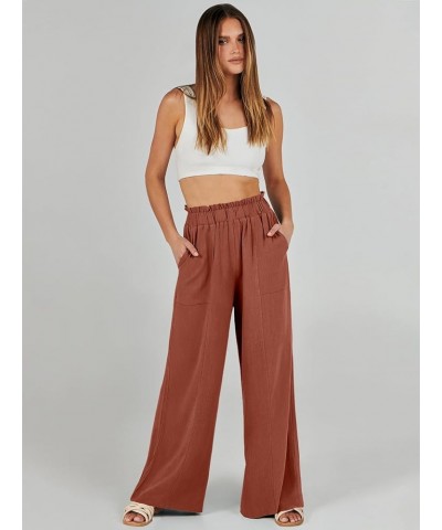 Women's Linen Palazzo Pants Summer Casual Loose High Waist Wide Leg Pant Lounge Beach Trousers with Pocket Brown Red $19.20 P...