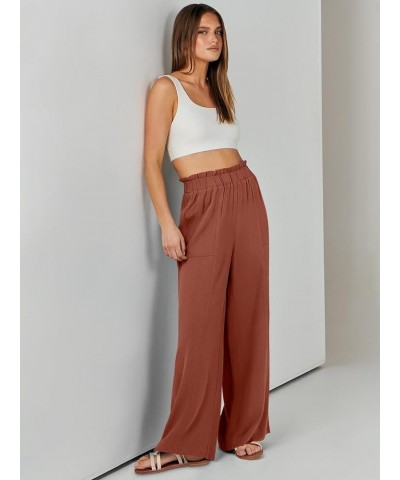 Women's Linen Palazzo Pants Summer Casual Loose High Waist Wide Leg Pant Lounge Beach Trousers with Pocket Brown Red $19.20 P...