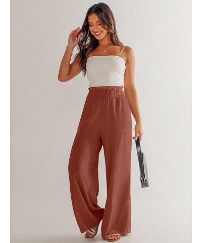 Women's Linen Palazzo Pants Summer Casual Loose High Waist Wide Leg Pant Lounge Beach Trousers with Pocket Brown Red $19.20 P...