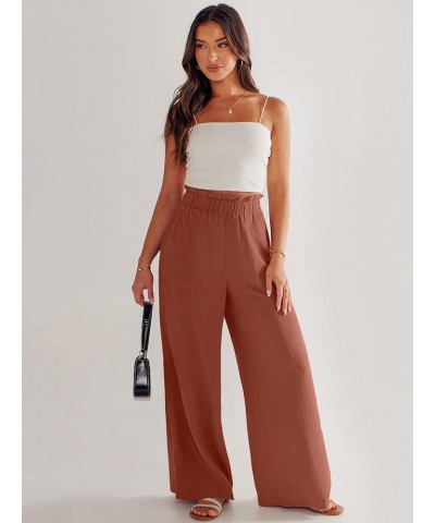 Women's Linen Palazzo Pants Summer Casual Loose High Waist Wide Leg Pant Lounge Beach Trousers with Pocket Brown Red $19.20 P...