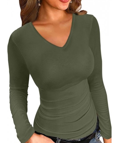 T Shirts for Women Short/Long Sleeve V Neck Casual Ribbed Slim Fitted Tops Green $12.32 Underwear