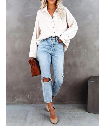 Women Corduroy Button Down Shacket Casual Shirt Jacket Long Sleeve Boyfriend Blouses Tops 01 - Beige $13.74 Blouses