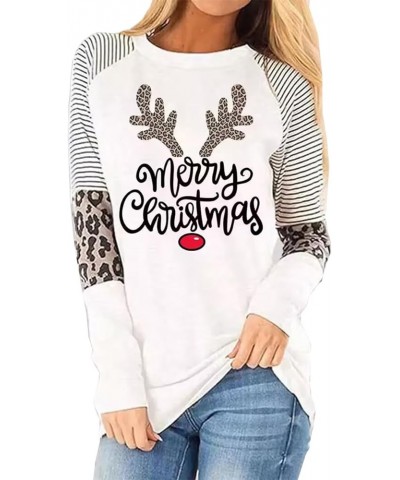 Christmas Snowman Snowflake Leopard Striped T-Shirt Women Cute Graphic Long Sleeve Casual Tunics Tops A2-white1 $14.39 Tops