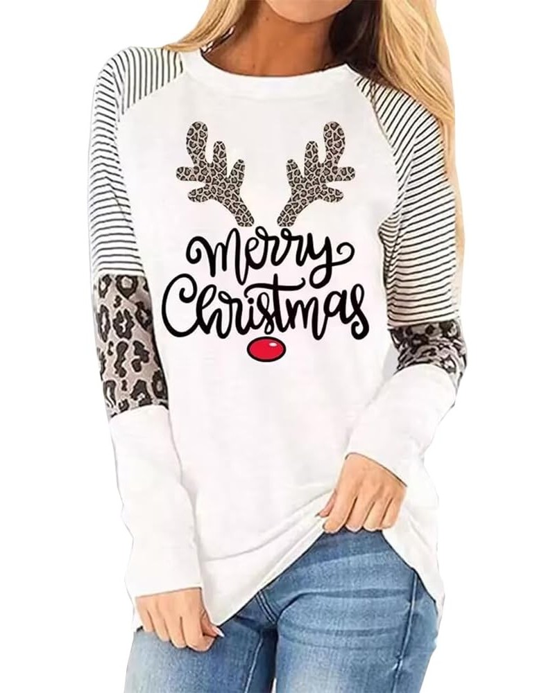 Christmas Snowman Snowflake Leopard Striped T-Shirt Women Cute Graphic Long Sleeve Casual Tunics Tops A2-white1 $14.39 Tops