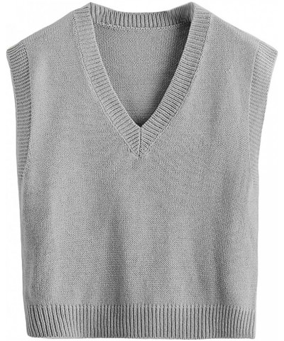 Women's Sleeveless V Neck Sweater Vest Trendy Pullover Knitwear Tank Tops Pure Light Grey $17.60 Sweaters