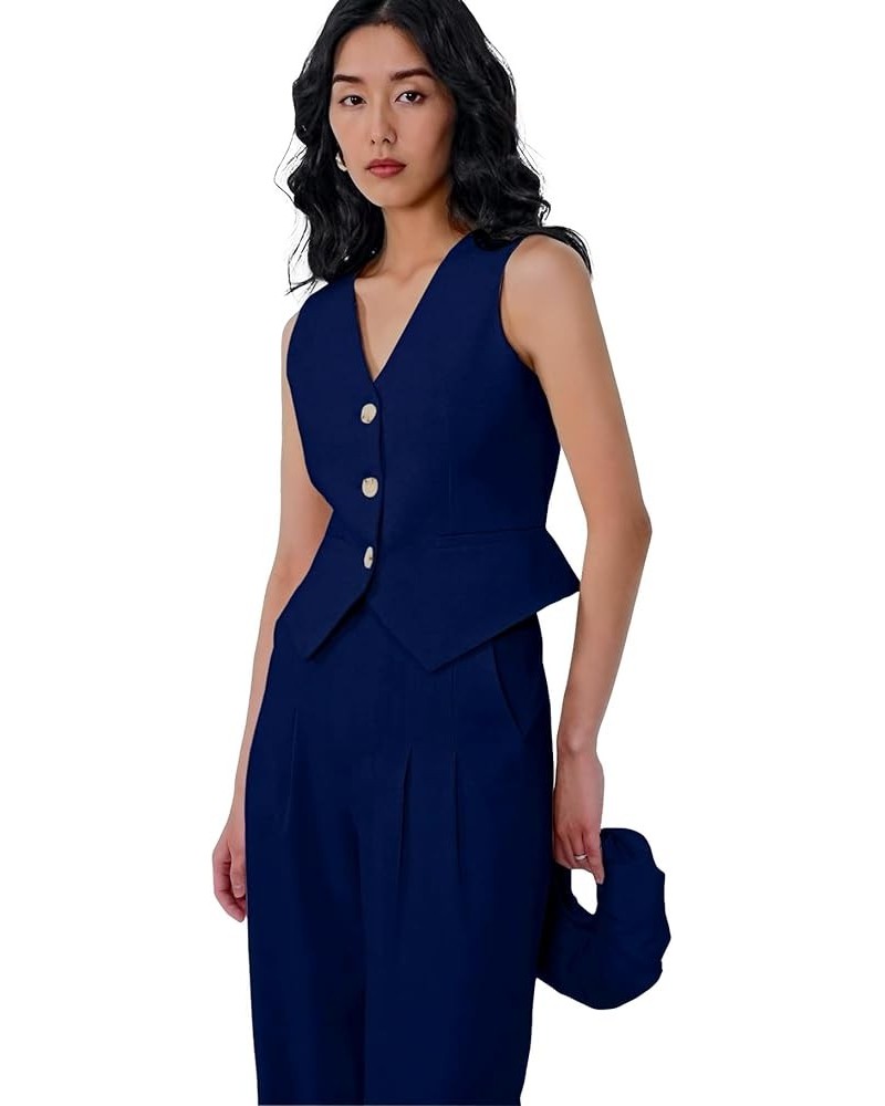 Womens Linen Waistcoat Cropped Tailored Fitted Tuxedo Suit Vest Navy $20.99 Vests