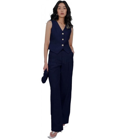 Womens Linen Waistcoat Cropped Tailored Fitted Tuxedo Suit Vest Navy $20.99 Vests