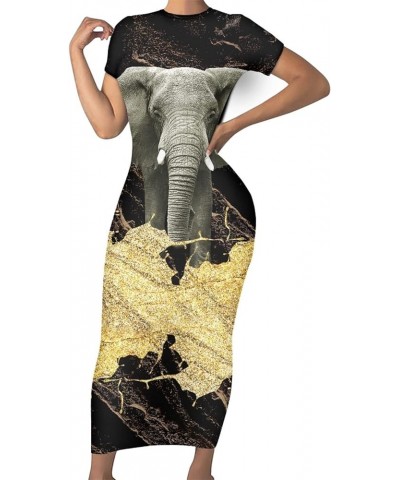 Womens Dresses 2023 Polynesian Dress Short Sleeve Crewneck Summer Print Sexy Plus Size Bodycon Dress Black Gold Elephant $14....