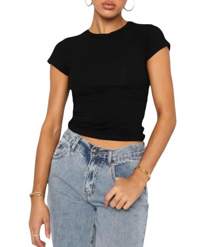 Short Sleeve Basic Crop Top for Women Going Out Slim Fitted Crew Neck T Shirts Solid Summer Baby Tee B Black $11.59 T-Shirts