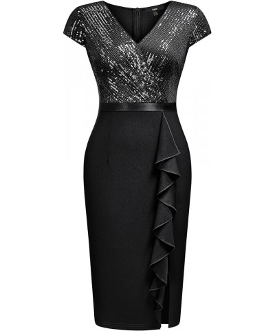 Women's Sequin Glitter V Neck Contrast Ruffle Slit Evening Party Night Out Cocktail Dress Black $23.04 Dresses