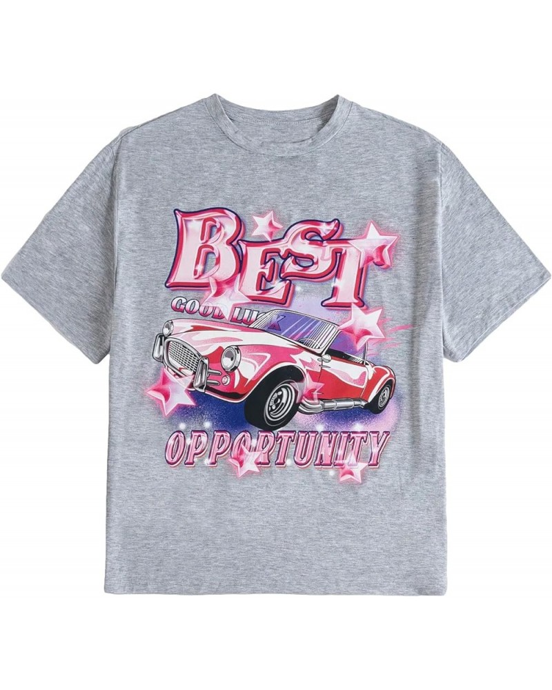 Women's Car & Letter Graphic Print T-Shirt Casual Summer Short Sleeve Top Grey Graphic $12.50 T-Shirts