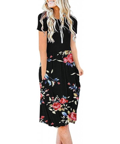 Women's Short Sleeve Pockets Empire Waist Loose Swing Casual Flare Print Floral Pleated Dress 02-mosaic Black Rose Black $13....