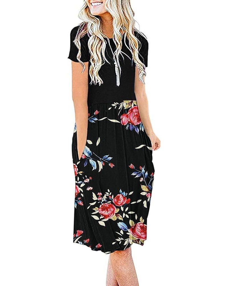 Women's Short Sleeve Pockets Empire Waist Loose Swing Casual Flare Print Floral Pleated Dress 02-mosaic Black Rose Black $13....