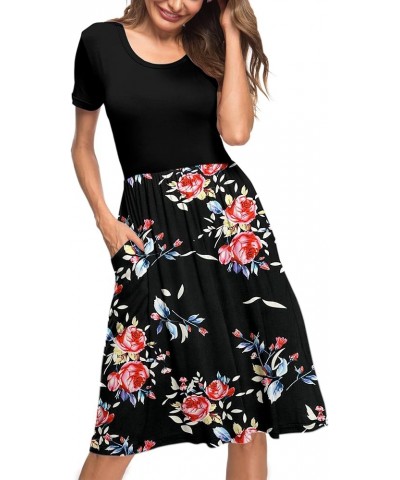 Women's Short Sleeve Pockets Empire Waist Loose Swing Casual Flare Print Floral Pleated Dress 02-mosaic Black Rose Black $13....