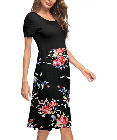 Women's Short Sleeve Pockets Empire Waist Loose Swing Casual Flare Print Floral Pleated Dress 02-mosaic Black Rose Black $13....