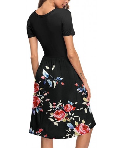 Women's Short Sleeve Pockets Empire Waist Loose Swing Casual Flare Print Floral Pleated Dress 02-mosaic Black Rose Black $13....