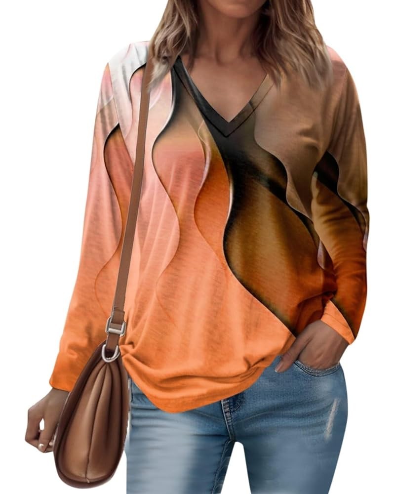 Long Sleeve Shirts for Women Fall V-Neck Pullover Tees Blouse Loose Casual Sweatshirts Printed Long Sleeve Tunics Tops 3-oran...