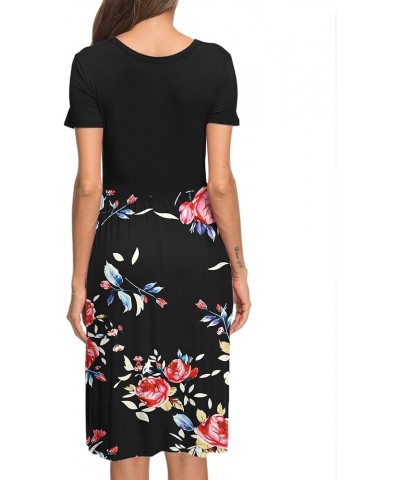 Women's Short Sleeve Pockets Empire Waist Loose Swing Casual Flare Print Floral Pleated Dress 02-mosaic Black Rose Black $13....