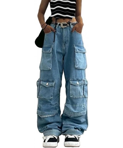 Women Y2K Cargo Jeans Pants High Waist Baggy Denim Pants Streetwear with Pockets 484blue $34.19 Jeans