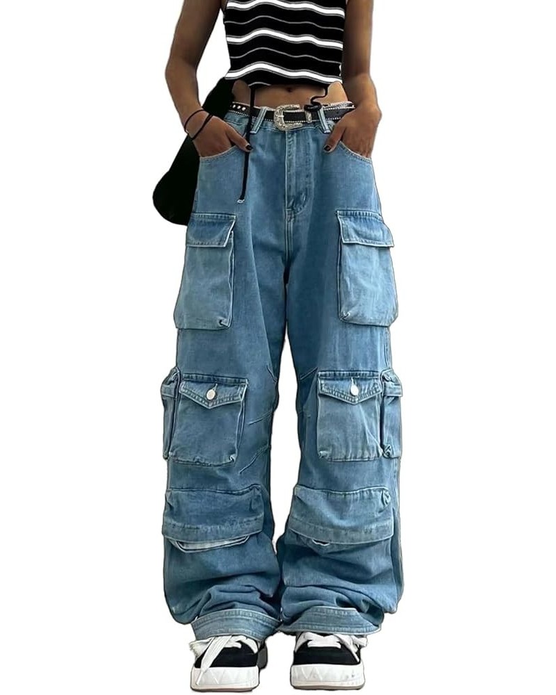 Women Y2K Cargo Jeans Pants High Waist Baggy Denim Pants Streetwear with Pockets 484blue $34.19 Jeans