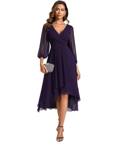 Women's Chiffon Spring V Neck Long Sleeves Pleated A-Line Midi Length Wedding Guest Dress 01926 Deep Purple $29.24 Dresses