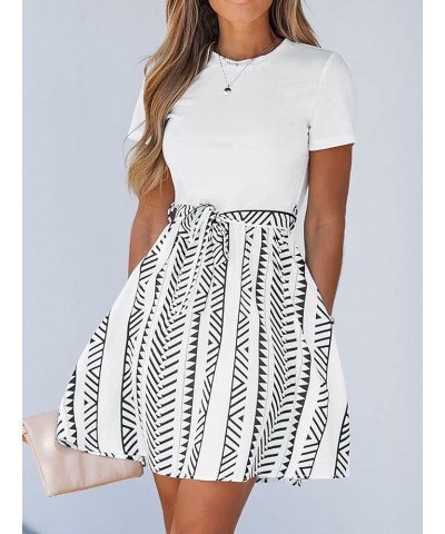 Women's Short Sleeve Dress Crew Neck Belted Floral Paisley Stripe A Line Mini Summer Dresses White $24.29 Dresses