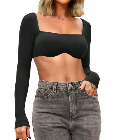 Women Long Sleeve Corset Tops Ribbed Square Neck Going Out Crop Tops Rave Top 01a Black Long Sleeve Going Out Tops $11.79 Tops