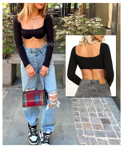 Women Long Sleeve Corset Tops Ribbed Square Neck Going Out Crop Tops Rave Top 01a Black Long Sleeve Going Out Tops $11.79 Tops