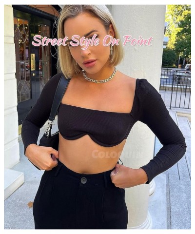 Women Long Sleeve Corset Tops Ribbed Square Neck Going Out Crop Tops Rave Top 01a Black Long Sleeve Going Out Tops $11.79 Tops