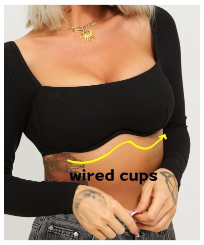 Women Long Sleeve Corset Tops Ribbed Square Neck Going Out Crop Tops Rave Top 01a Black Long Sleeve Going Out Tops $11.79 Tops