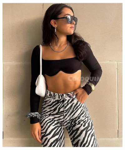 Women Long Sleeve Corset Tops Ribbed Square Neck Going Out Crop Tops Rave Top 01a Black Long Sleeve Going Out Tops $11.79 Tops