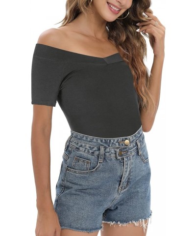 Womens Shirts Off The Shoulder Tops Sexy V Neck Slim Fit Shirts Tops Blouses Z_darkgrey-short $16.52 Blouses