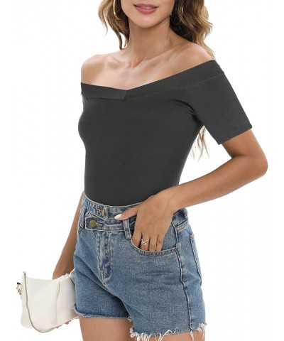 Womens Shirts Off The Shoulder Tops Sexy V Neck Slim Fit Shirts Tops Blouses Z_darkgrey-short $16.52 Blouses