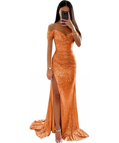 Sparkly Sequin Prom Dresses Long with Slit Off The Shoulder Bridesmaid Dress Pleated Evening Formal Gowns Orange $36.39 Dresses