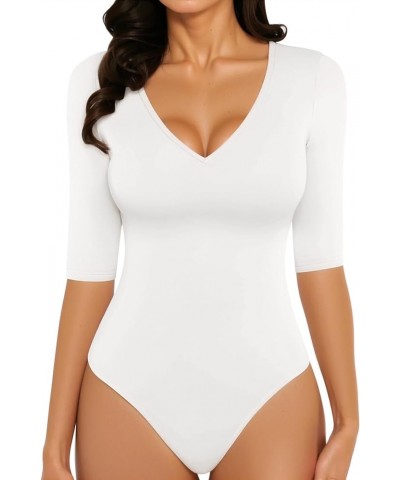 Half Sleeve Bodysuit V Neck Bodysuit Shirts for Women White $13.24 Lingerie