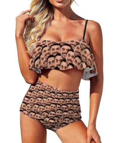 Women Customized Faces Two Piece Swimsuit Shoulder Ruffle Bathing Suits Personalized Printing Bikini Set Multiple Faces $15.5...