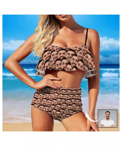 Women Customized Faces Two Piece Swimsuit Shoulder Ruffle Bathing Suits Personalized Printing Bikini Set Multiple Faces $15.5...