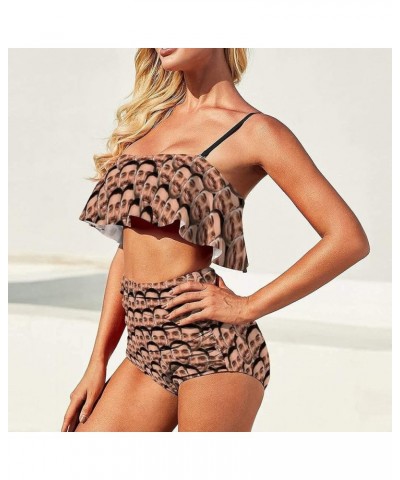 Women Customized Faces Two Piece Swimsuit Shoulder Ruffle Bathing Suits Personalized Printing Bikini Set Multiple Faces $15.5...