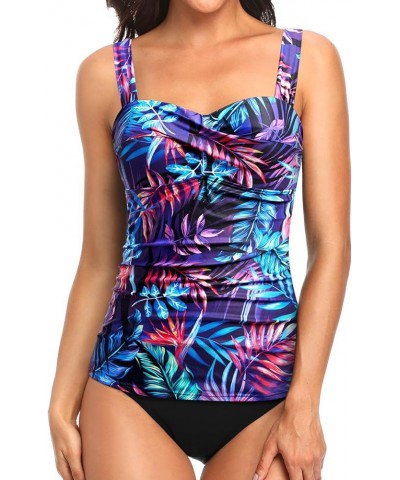 Two Piece Underwire Tankini Swimsuits for Women Tummy Control Tankini Top Bandeau Bathing Suits with Bottom Purple Leaf $18.8...