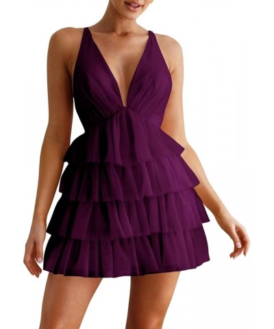 Women's Sleeveless Crisscross Backless Deep V Neck Adjustable Spaghetti Strap Tiered Frill Tulle Mini Dress Grape $35.55 Dresses